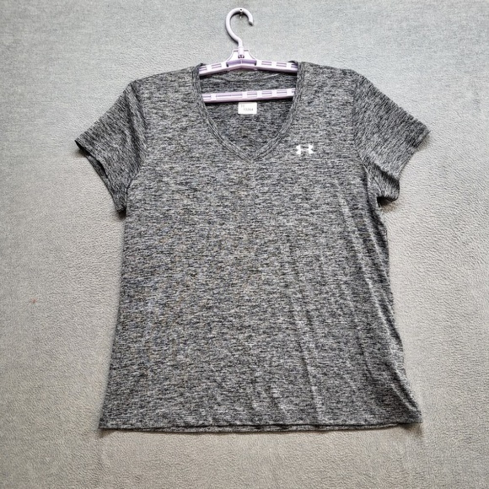Under Armour‎ Women Activewear Top XL Gray V Neck Logo Short Sleeve Tee
